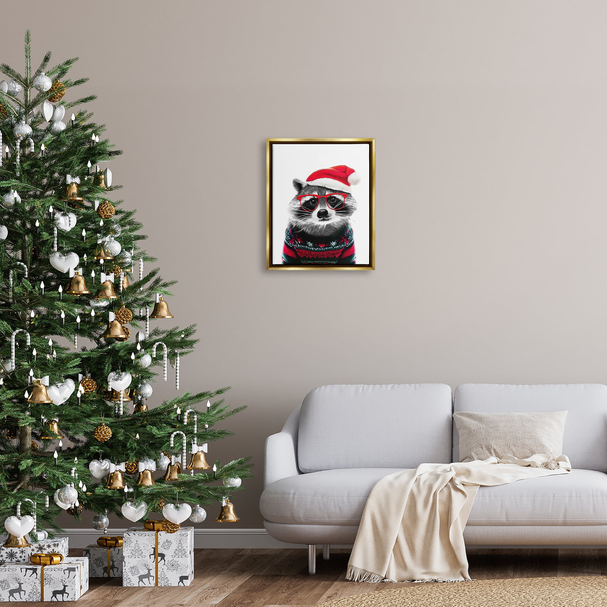 Stupell Industries Raccoon in Holiday Sweater Holiday Painting Gold Floater Framed Canvas Art Print Wall Art, 17 x 21