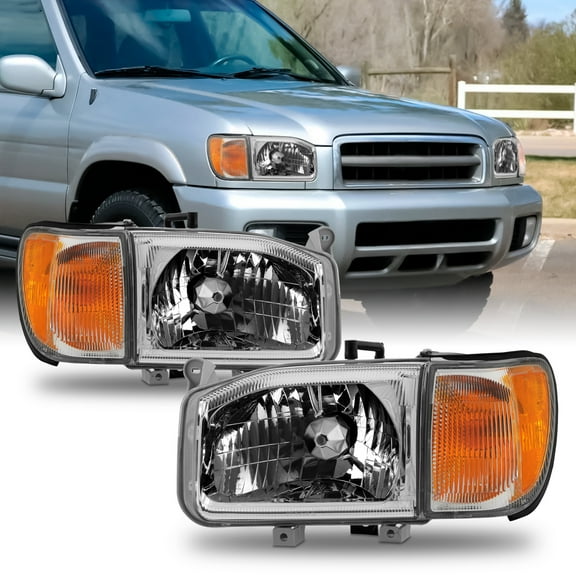 AKKON - Fit 1999 2000 2001 2002 2003 2004 Nissan Pathfinder 99-04 Halogen Type w/Corner 4pcs Headlights Headlamp OE Style Chrome