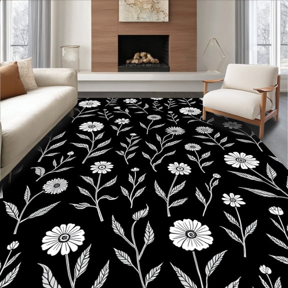 ODIKA 6'x6' Machine Washable Non-Slip Area Rug, Enchanted Garden Wildflower Meadow Arrangement High Traffic Rug, Black, 297456