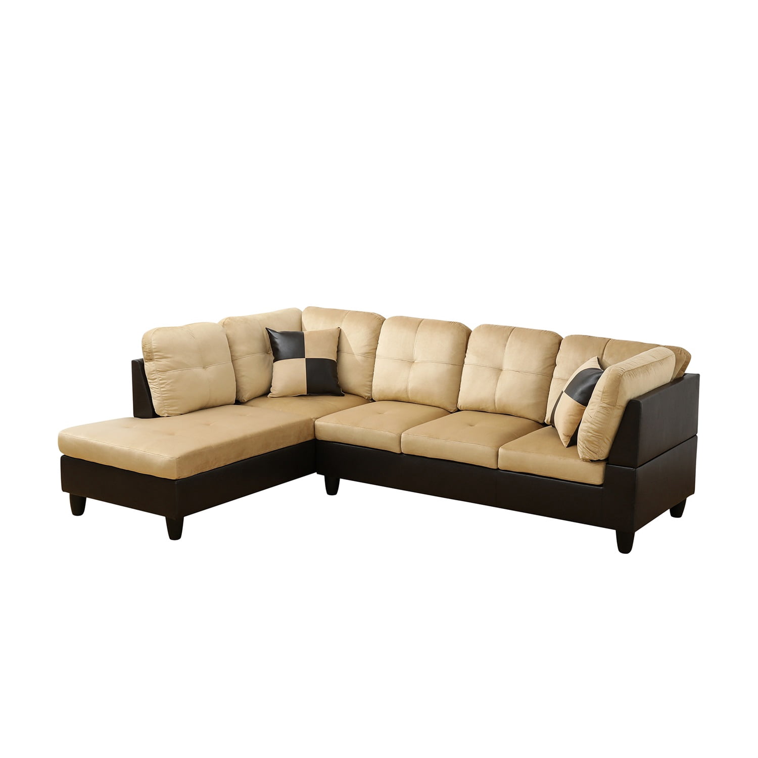 Hommoo Modern L Shaped Sectional Couch, 4 Seats Lint and PVC Sectional Sofa Couch Set, Living Room Furniture Set, Beige and Brown