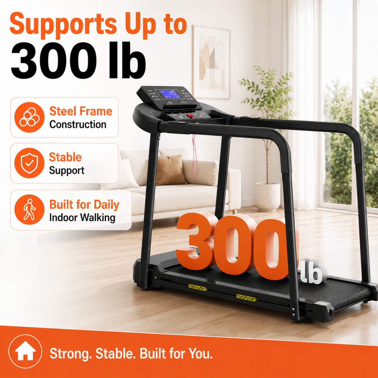 Noaman Senior Walking Treadmill with Long Handrails, Walking Pad Treadmill for Home, 2.5 HP Quiet Motor, 0.5-7.5 MPH Speed Range, Large LED Display, 300 lb Capacity, Black