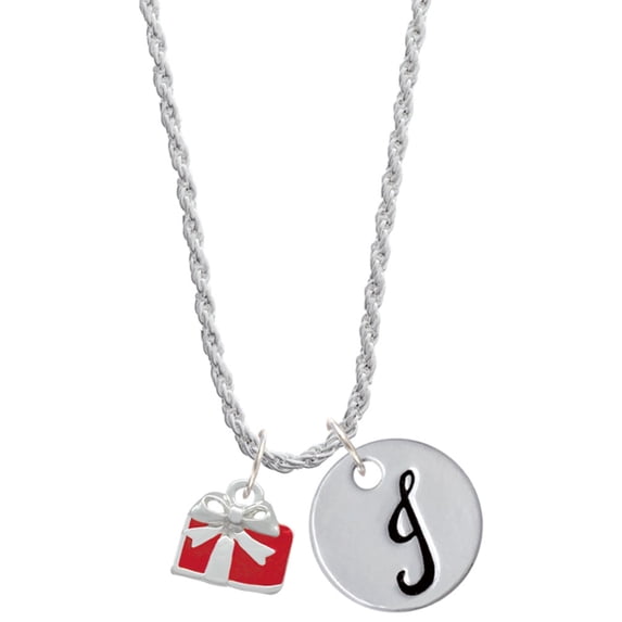 Delight Jewelry Silvertone Small Red Enamel Present Silvertone Script Initial Disc - J - Charm Necklace, 20"+3"