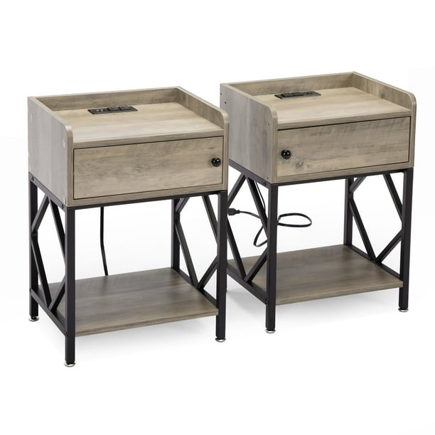 Set of 2 Wood Nightstand, Farmhouse End Table with Charging Station