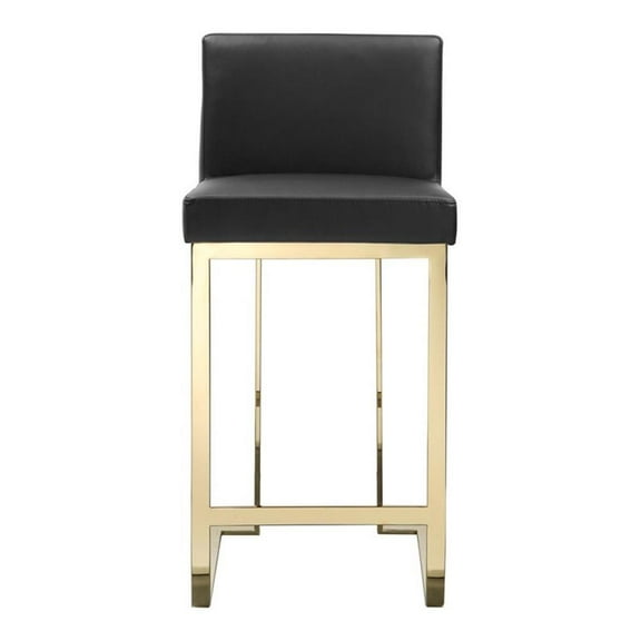 Pemberly Row 26" Faux Leather & Polished Steel Counter Stool in Black/Gold