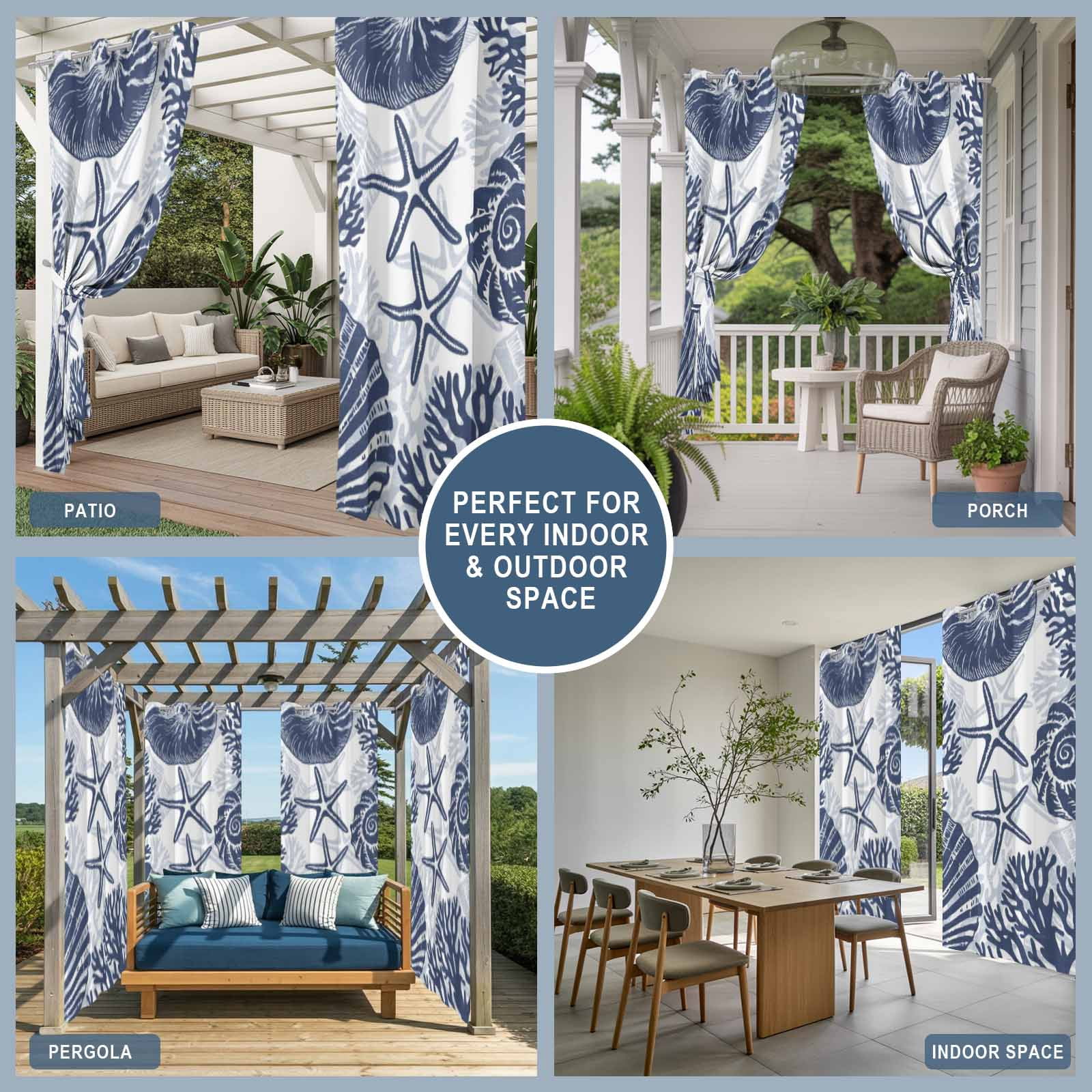 Navy Coastal Outdoor Curtains for Patio, Beach Starfish Nautical Coral Shell Summer Sunshade Privacy Drapes Grommet Waterproof Outside Curtains for Porch/Cabana/Balcony 54"x 108", 1 Panel