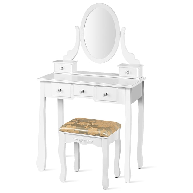 Patiojoy Vanity Table Set w/ 360�� Rotating Oval Mirror & Drawers White