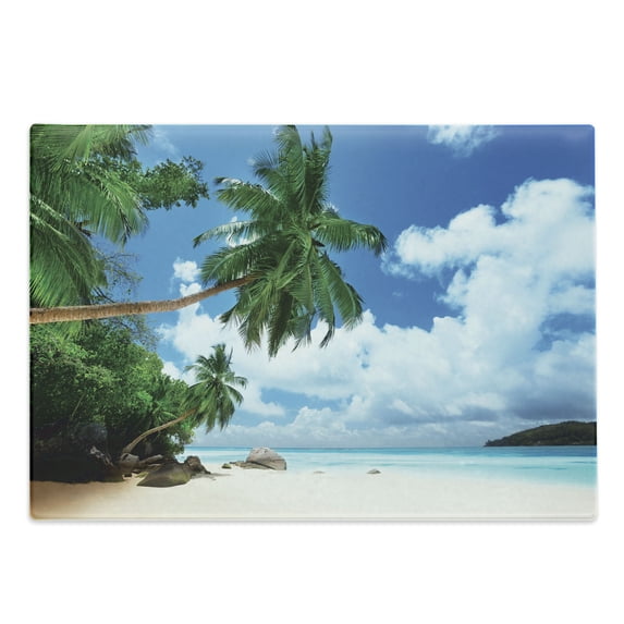 Ocean Cutting Board, Beach and Coconut Tree Mahe Island in Seychelles Tranquil Coastal Image Print, Decorative Tempered Glass Cutting and Serving Board, Large Size, Green Blue Aqua, by Ambesonne