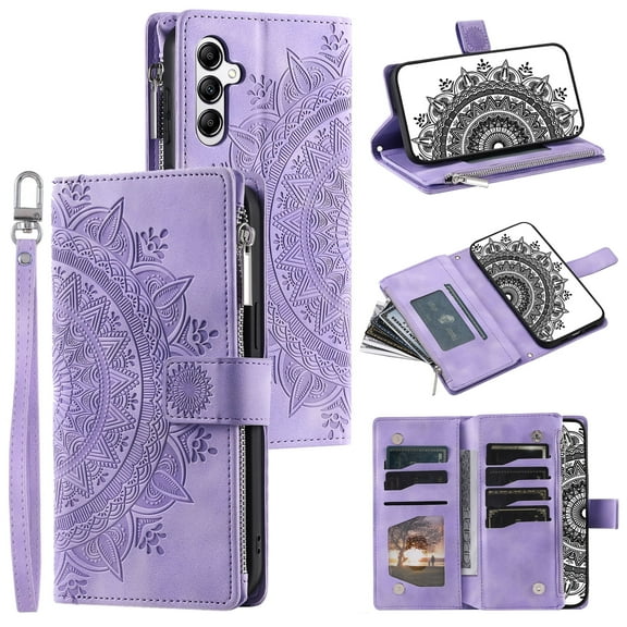 Dteck for Samsung Galaxy A16 5G Wallet Case Magnetic Cover Zipper Cash Pocket Handbag Multi 8 Card Slots Holder Wrist Strap Lanyard, Purple