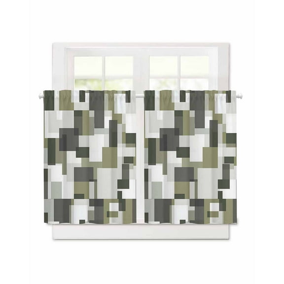 Retro Splicing Modern Art Short Blackout Curtains 45 Inch Long Green Gray Watercolor Rod Pocket Kitchen Curtains, 2 Panels Thermal Insulated Room Darkening Drapes for Bedroom, 30"W x 45"L