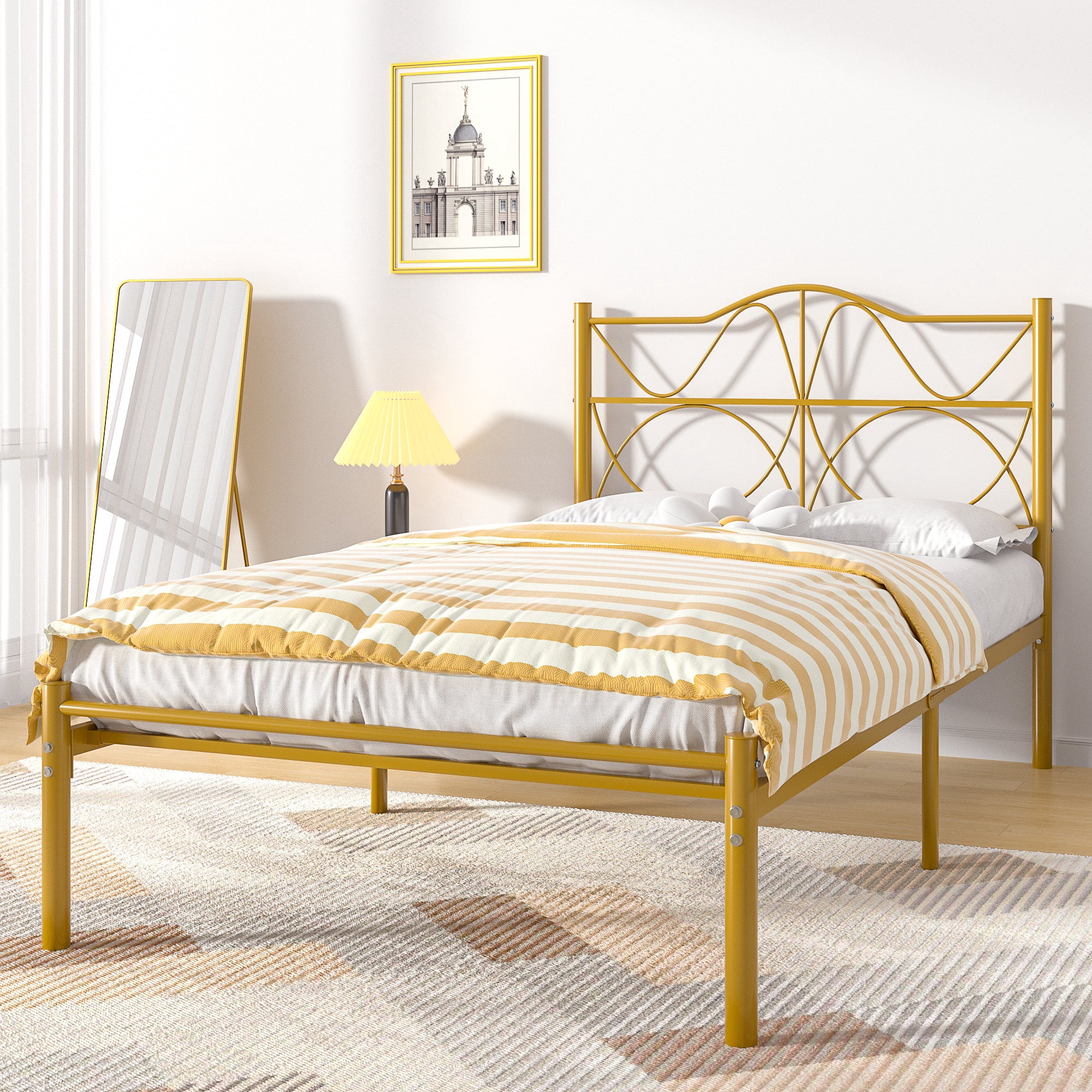 VECELO Twin Size Bed Frame with Headboard, Metal Platform Bed Frame, Strong Metal Slats Support, Mattress Foundation No Box Spring Needed, Gold