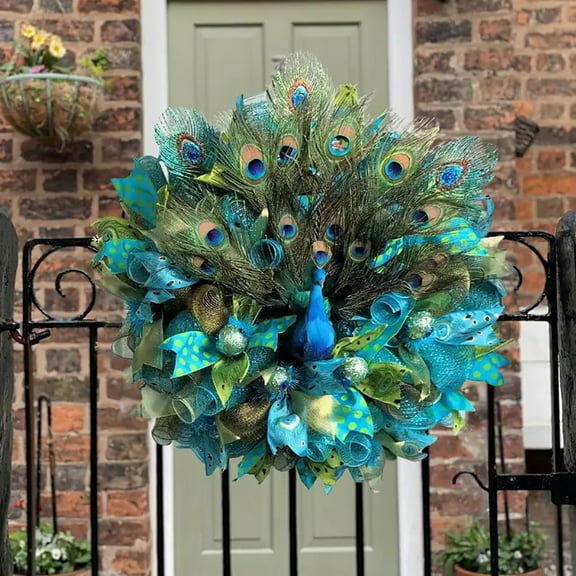 17 Inch Peacock Wreath Handcraft Wreath For Front Door Peacock Blooms Wreath Window Wall Hanging Outdoor Garden Holiday Wedding Party Home Decorations