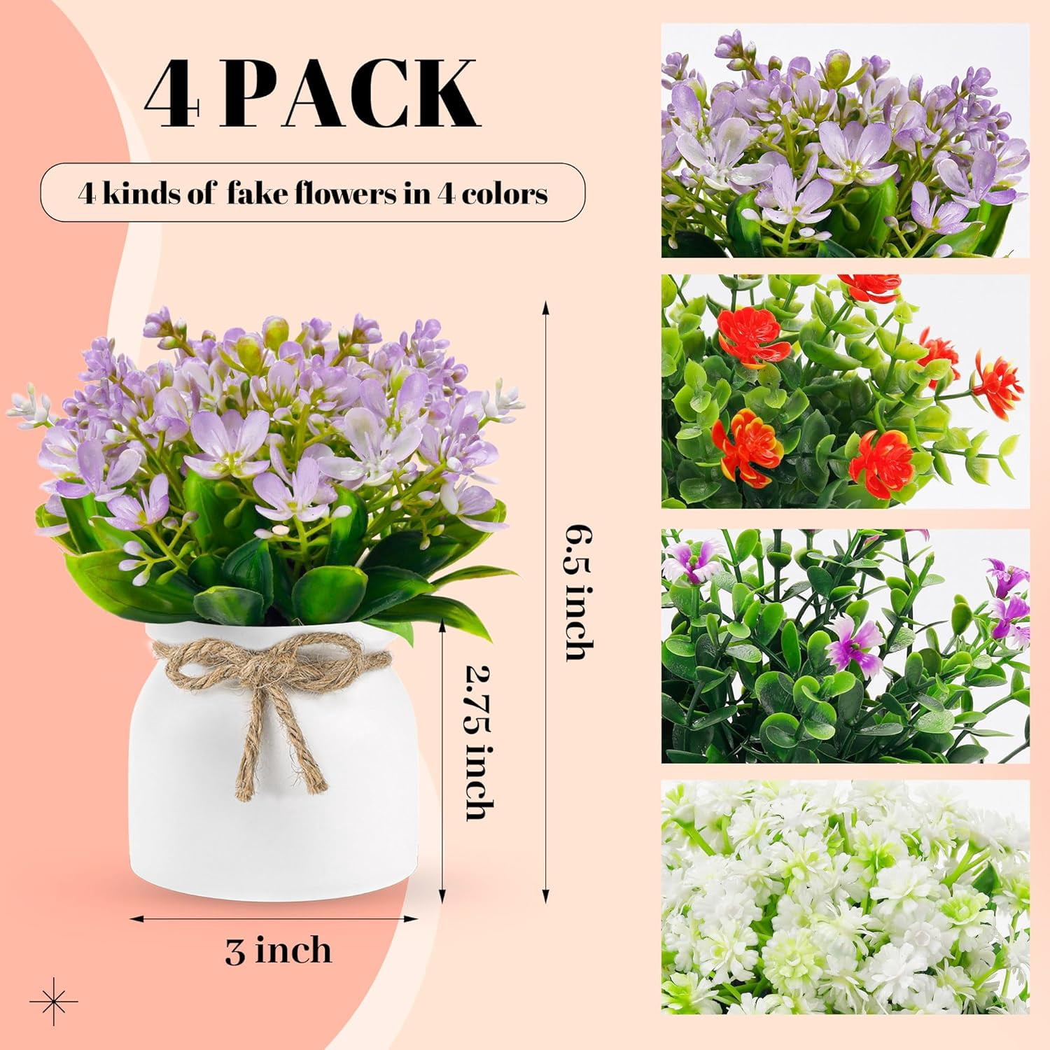 4 Pack Fake Flowers Small Artificial Faux Plants Indoor Summer Spring Decor for Centerpiece Table Decorations Home Office Desk Wedding Apartment Decor