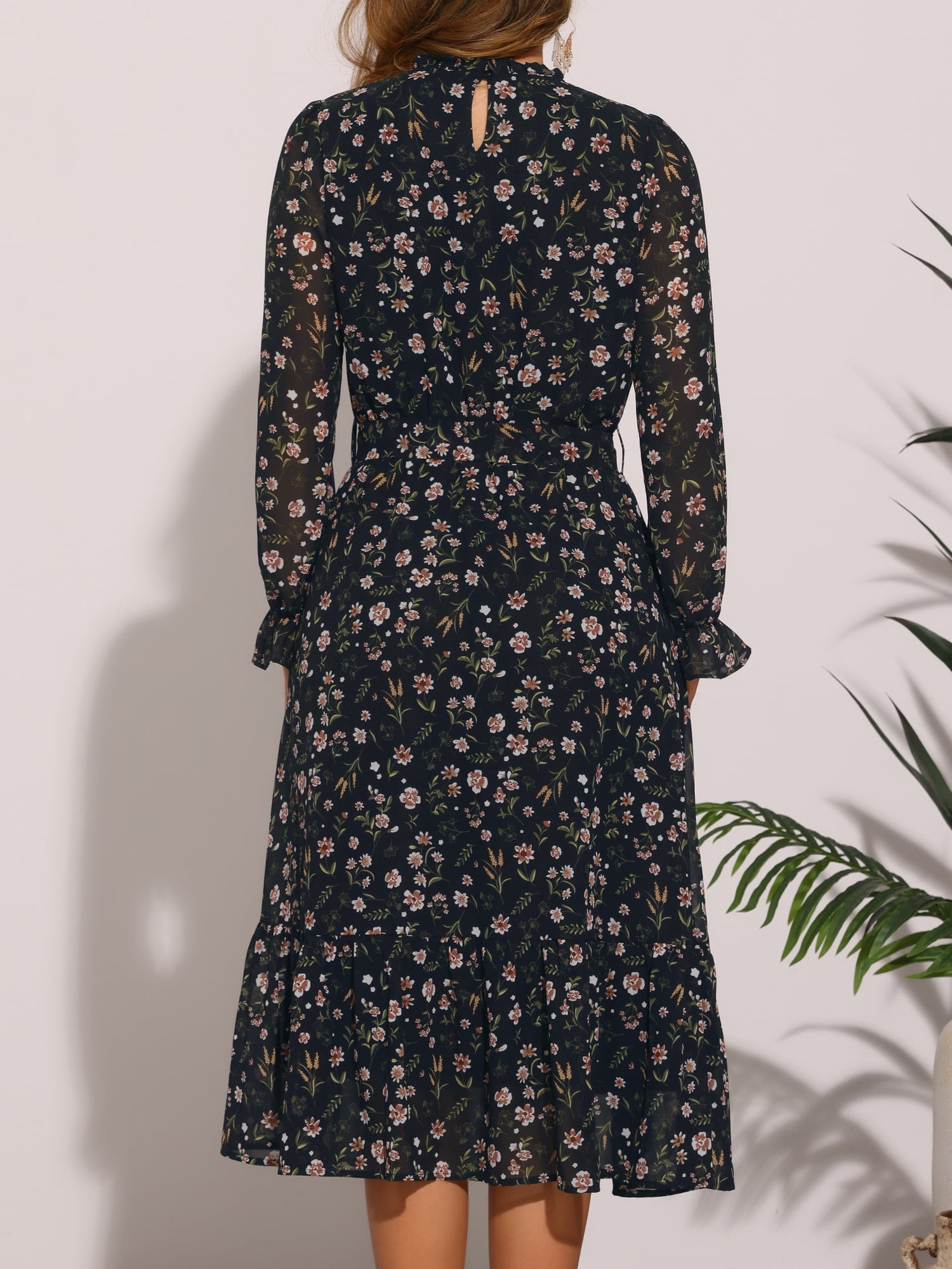 DARING DIVA Fall Floral Long Sleeve Chiffon Midi Dress XL Black