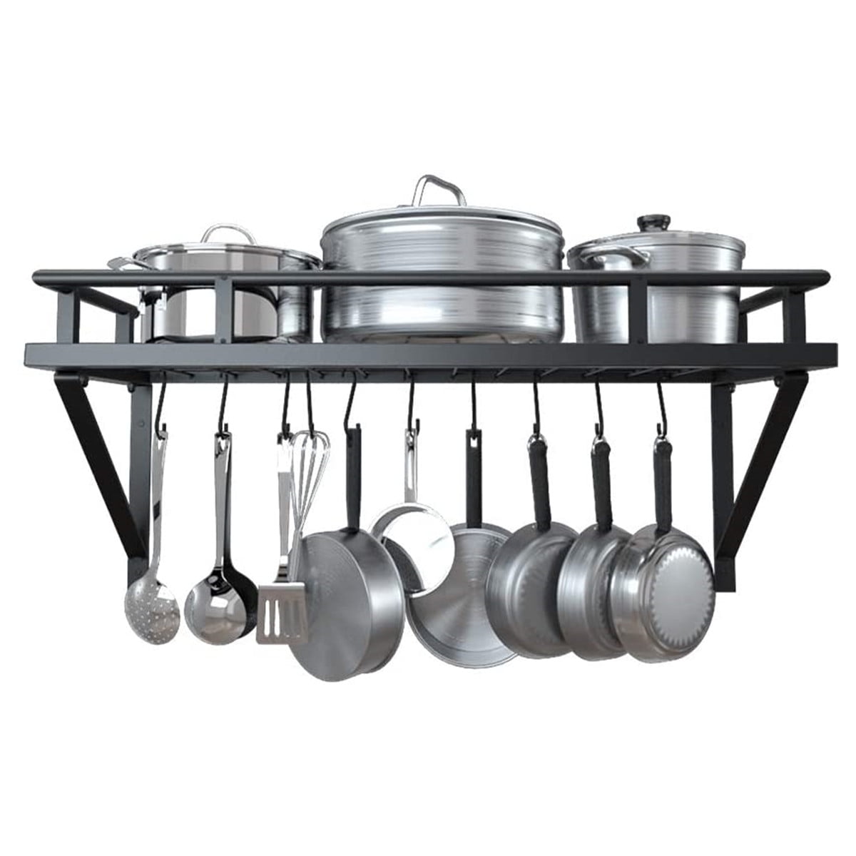 Kitchen Wall Mounted Pot Pan Rack Shelf With Hooks,Wall Mounted Pot Shelf Storage,Pot and Pan