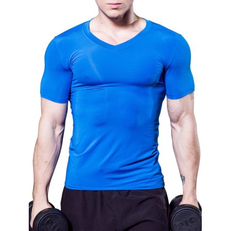 Men V-Neck Sports Compression T-shirt Short Sleeve Fitness Base Layer Shirt