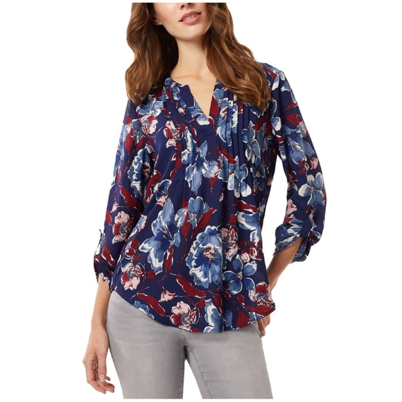 Jones New York Womens Floral Pin Tuck Roll Tab Tunic Blouse, medblue, S