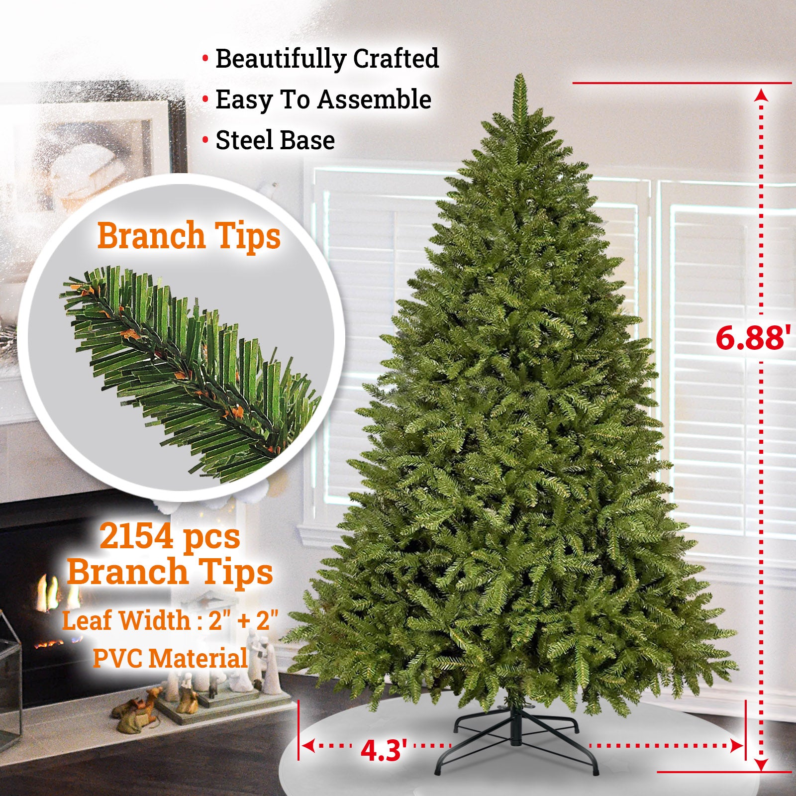 SUNNYOUTDOOR 7' Artificial Christmas Tree with Metal Hinged System & Foldable Base Party Holiday Xmas Decoration