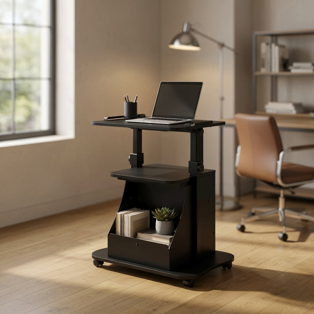 Topcobe Adjustable Mobile Standing Desk Cart with Tilt Desktop and Cabinet, Perfect Addition to Home, Office, Kitchen, Dining Room, Black