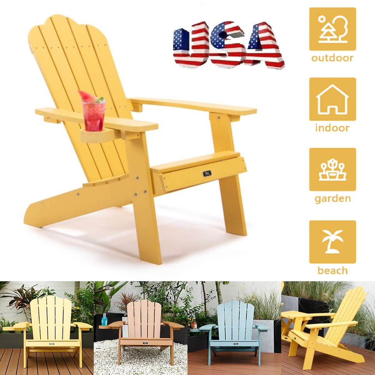 Folding Adirondack Chair Outdoor, Weather Resistant Patio Chairs for Garden, Deck, Backyard