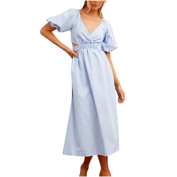 Summer Dresses for Women 2023 Puff Short Sleeve Solid V Neck Midi Dress Waist Hollow Out Sexy Cute Beach Long Dress