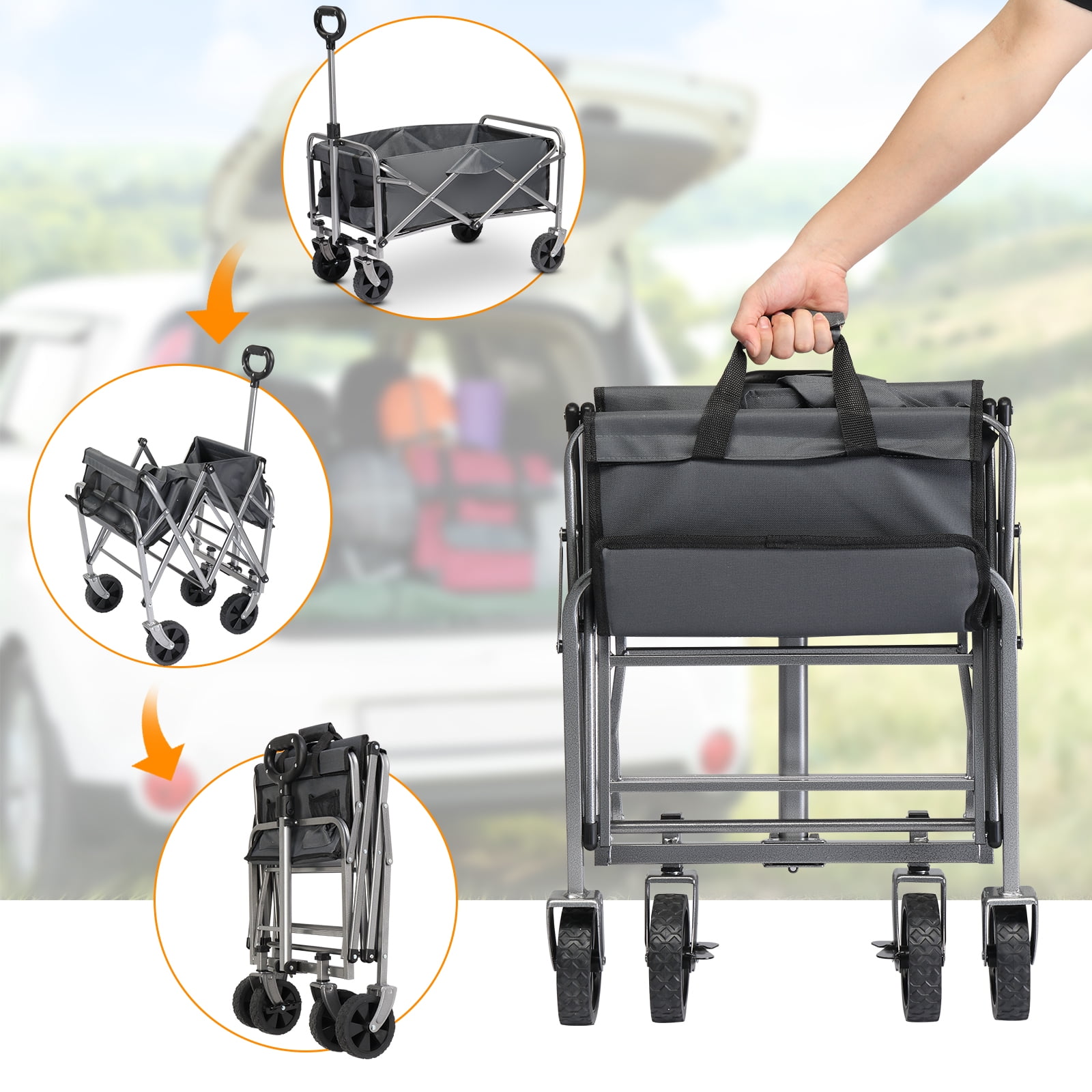 Garden Folding Cart, 600d Oxford Cloth Steel Frame Flat Folding Style Grey Cloth Silver Frame, 74.5*45.5*84cm 100kg