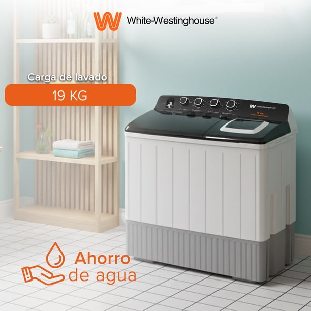 White Westinghouse Lavadora doble tina 19 kg WWXCTT301408QBK Gabinete en polipropileno 4 niveles de agua 4 perillas de control Bajo consumo de energía Ahorro de agua