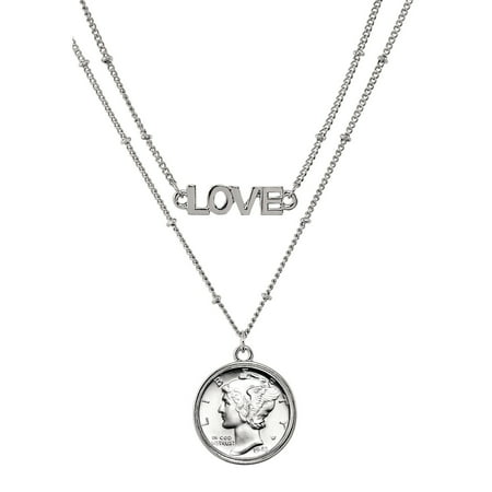 Extension Double Strand Necklace - Silver Mercury Dime Coin Double Strand Love Necklace