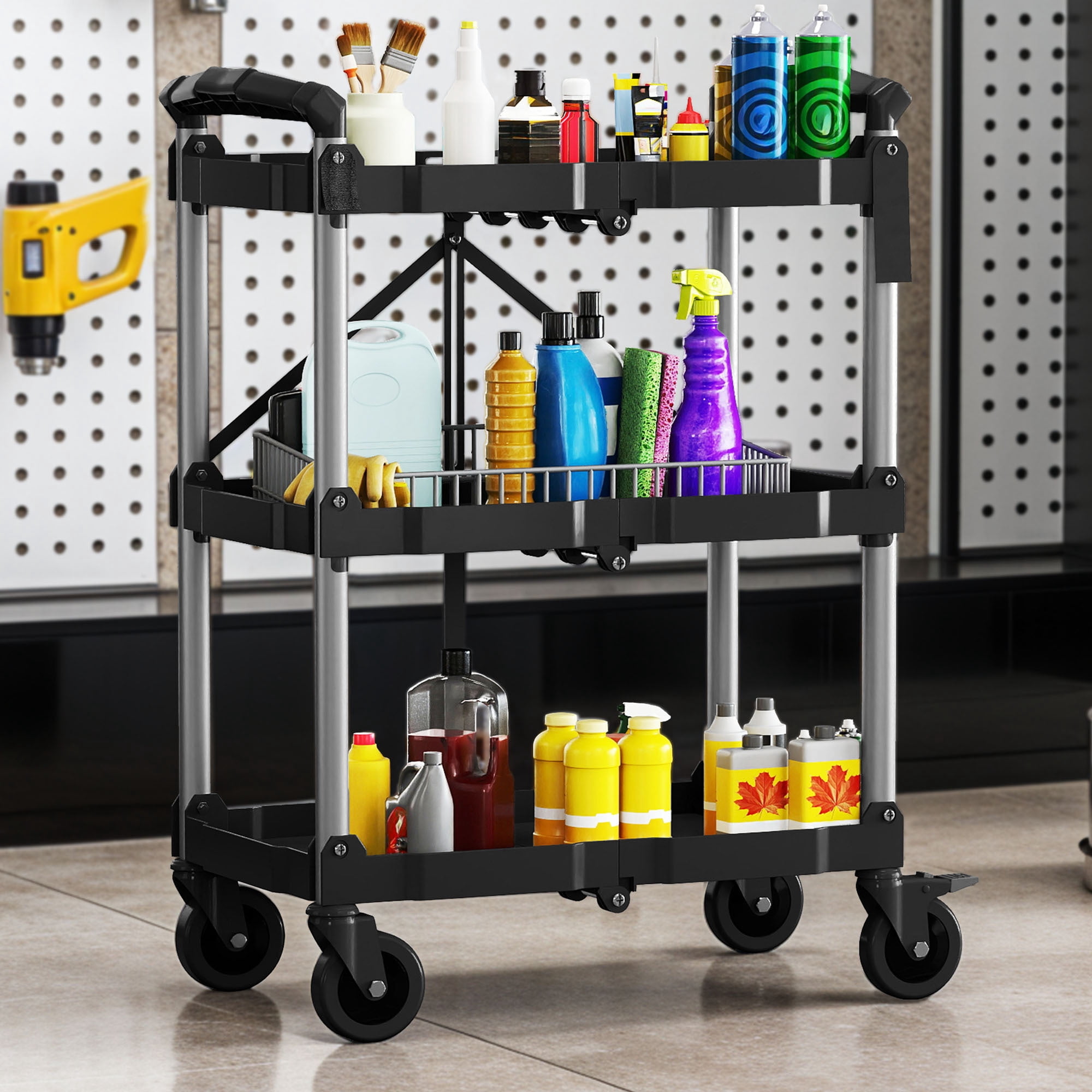 Uforic 3-Tier Heavy Duty Folding Service Cart, 240Lbs Capacity, Black Plastic with Aluminum Tubes, 58.5×39×83CM