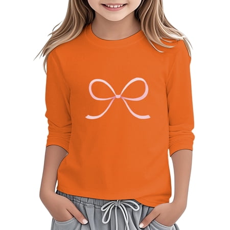 XIYON Girl s T Shirts Girls Short Sleeve Crewneck Graphic Tee Soft Casual Top With Cute Bow Print Design For Everyday Play And School Comfortable Tee Shirt 6-7 Years