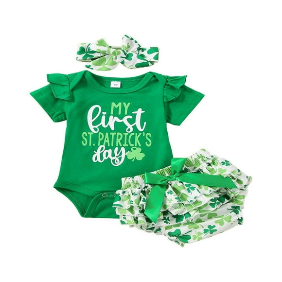 St. Patrickās Day Kids Baby Girls 3Pcs Outfit Letter Short Sleeve Romper+Clover Print Shorts+Headband Set Green 6-12 Months