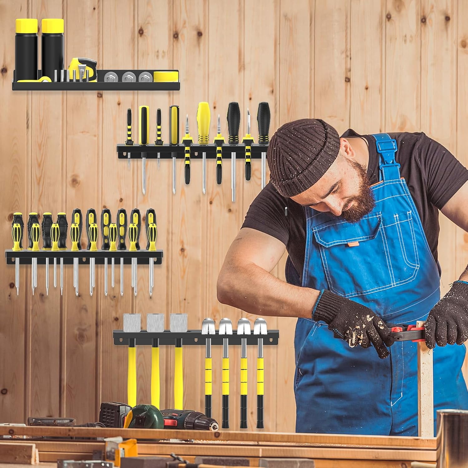 Wall Mount Tool Organizer Rack, 4 Pcs Metal Storage Board for Workshop, Garage, Workbench - Screwdriver, Pliers, Hammer Holder