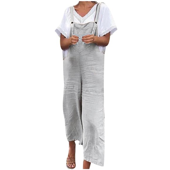 Monos Para Mujer, Elegantes, Informales, de Color Sólido, de Algodón Y Lino, Sueltos, Rectos, Con Tirantes, Pantalones Con Cinturón, Pantalones de Una Pieza, Pantalones de Una Pieza Odeerbi  ODB146133