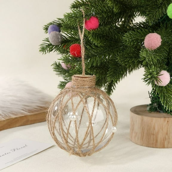 Jute Twine Wrapped Clear Plastic Christmas Ornament, Rustic Holiday Ball Decoration with Pearl Accents, Hanging Tree Décor