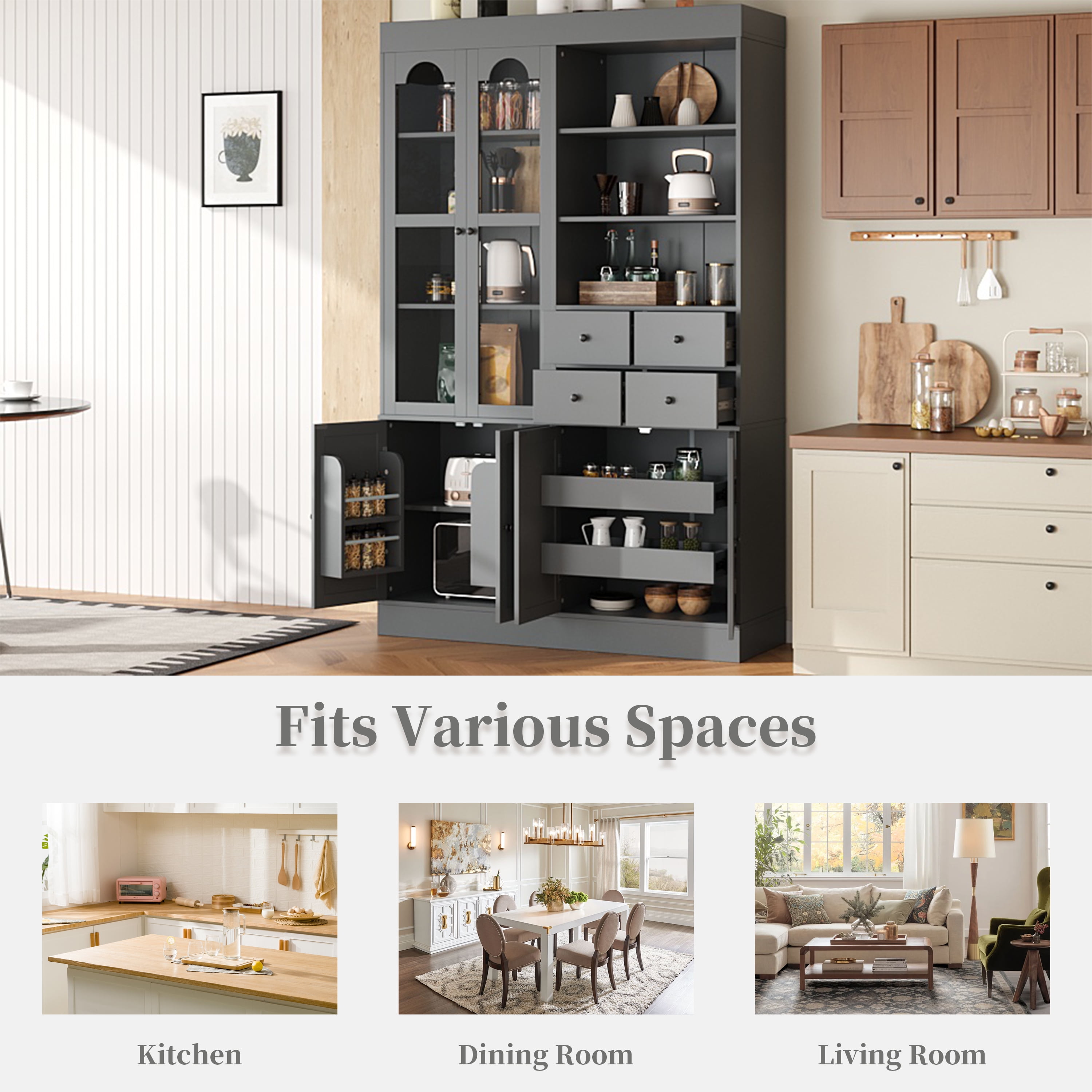 Euroco 47.2x15.7x75inch Freestanding Buffet with Hutch, Tall Kitchen Pantry Cabinet with 4 Drawers, Door Shelves and Pull-out Trays for Dining room, Living Room, Gray