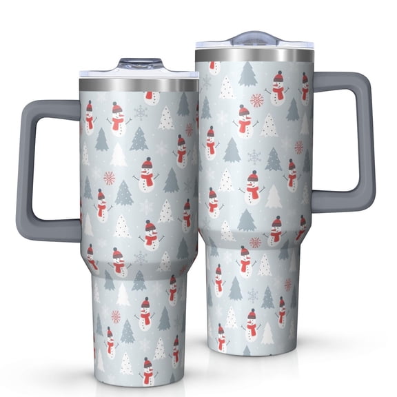 Light Blue Christmas Snowman and Tree Pattern Tumbler with Handle and Lid,40oz Double Wall Vacuum Insulated Tumbler,Cups Gift for Women and Men