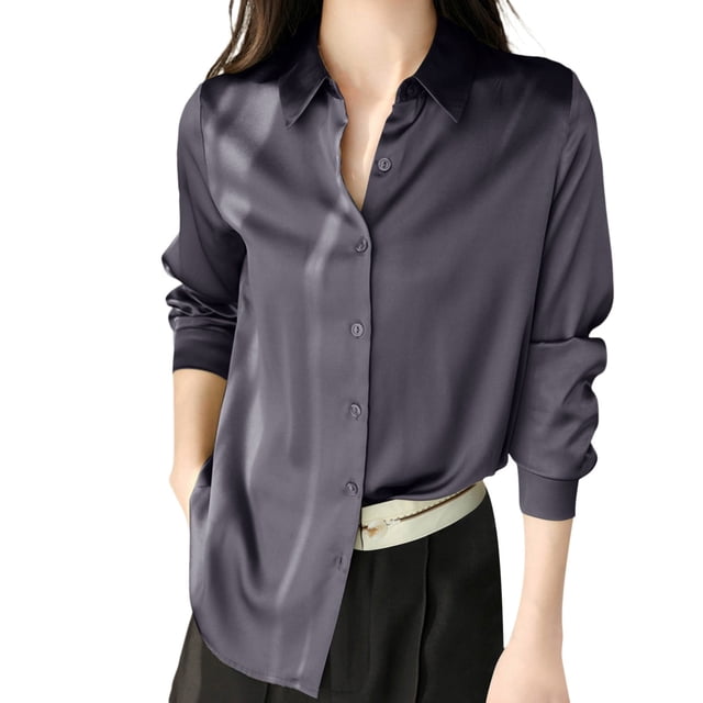 Blusa de satén de seda con botones para mujer - Manga larga, cuello en V, corte holgado, camisa informal para la oficina