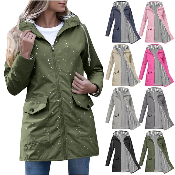jtjvou Women Light Rain Jacket Waterproof Active Outdoor Trench Raincoat with Hood Lightweight Plus Size for Girls Green L