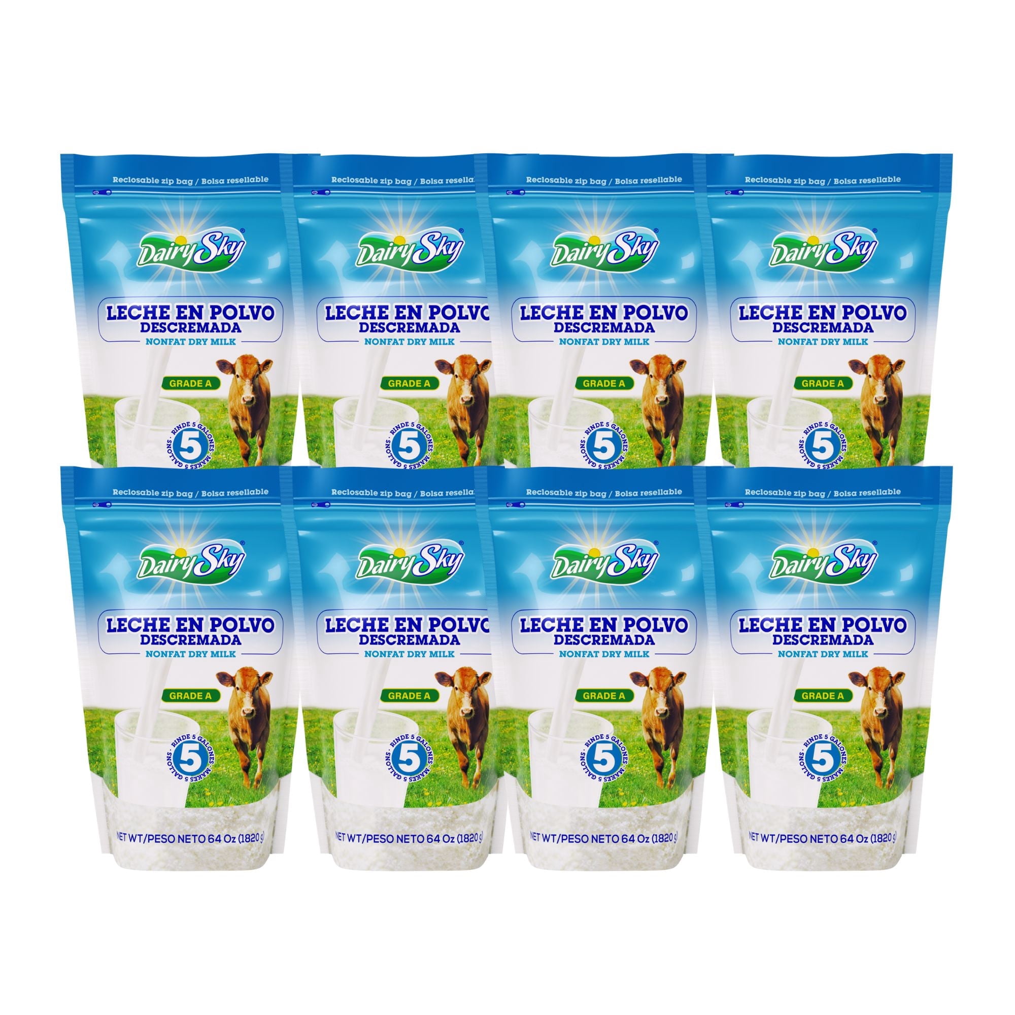DairySky Nonfat Plain Dry Milk Powder, 64 oz, Leche En Polvo Descremada, Grade a Skim Milk,Resealable Pouch, pack of 8