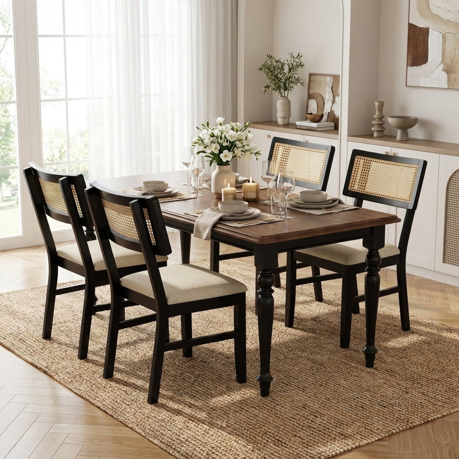 Furnibear Rattan Dining Chairs Set of 2 Fabric Upholstered Kitchen Chairs with Padded Seat and Rubber Wood Legs for Kitchen Dining Room Living, Black
