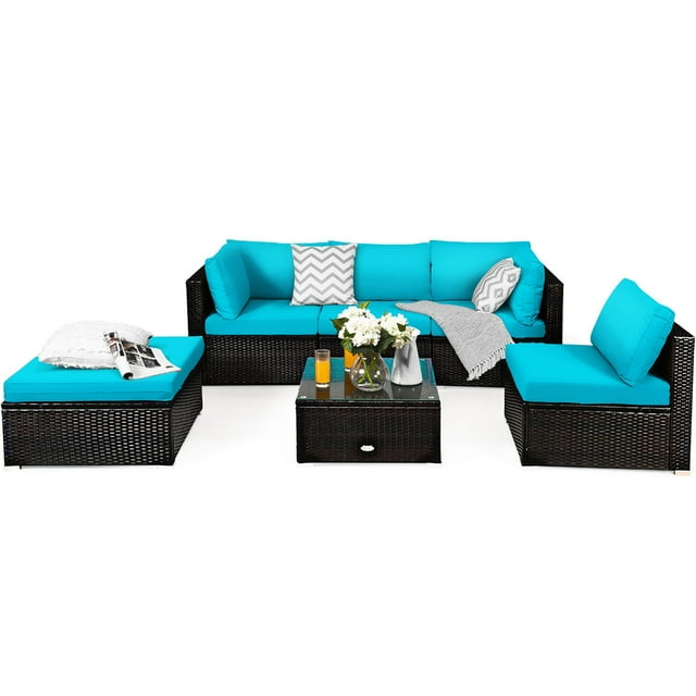 Costway Ensemble de Mobilier d'Extérieur en Rotin pour Patio 6 Pcs Canapé Sectionnel Coussiné Turquoise