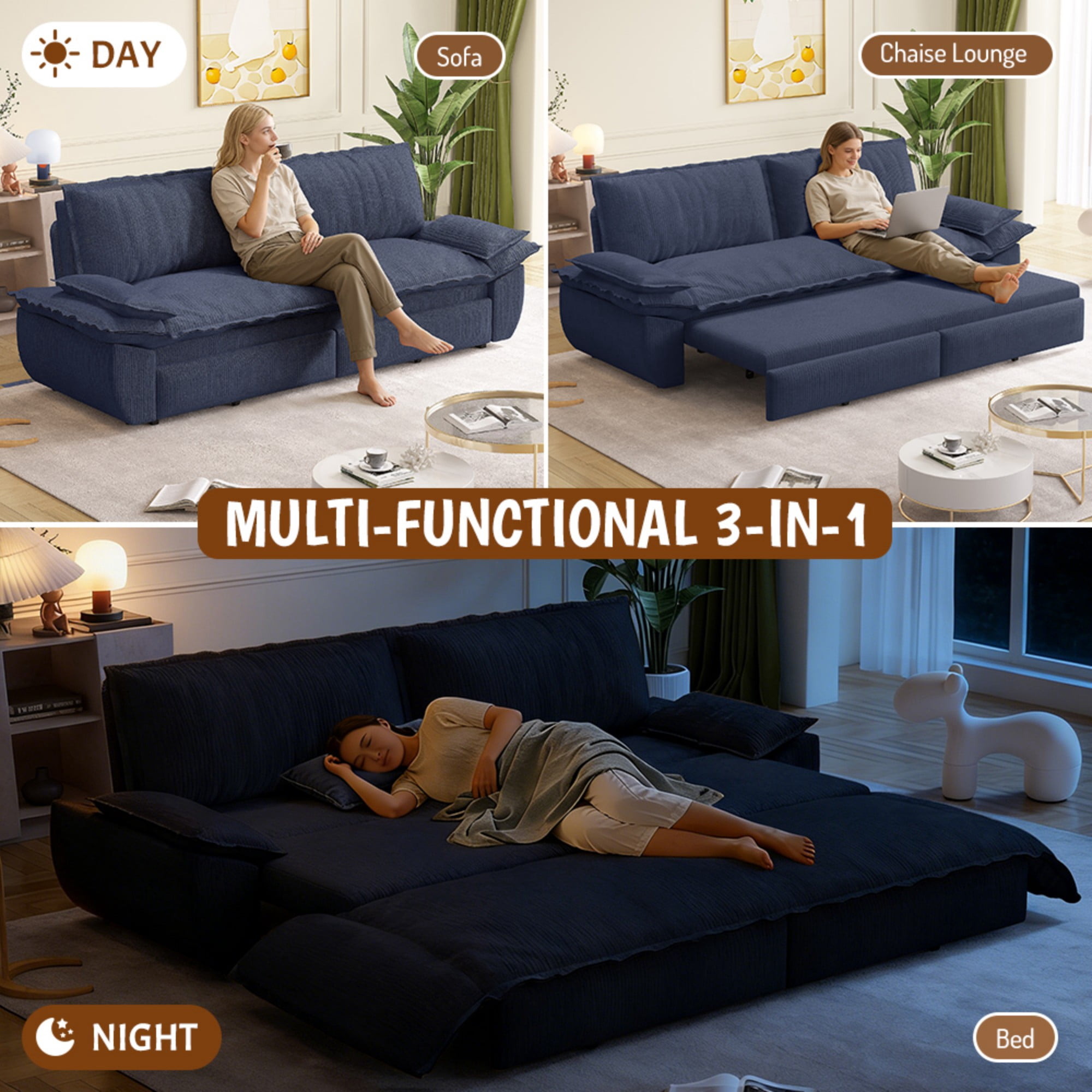 LLappuil 73" Pull Out Sofa Bed Queen Size, Corduroy Loveseat Sofa Couch Convertible Sofa Bed for Living Room Blue