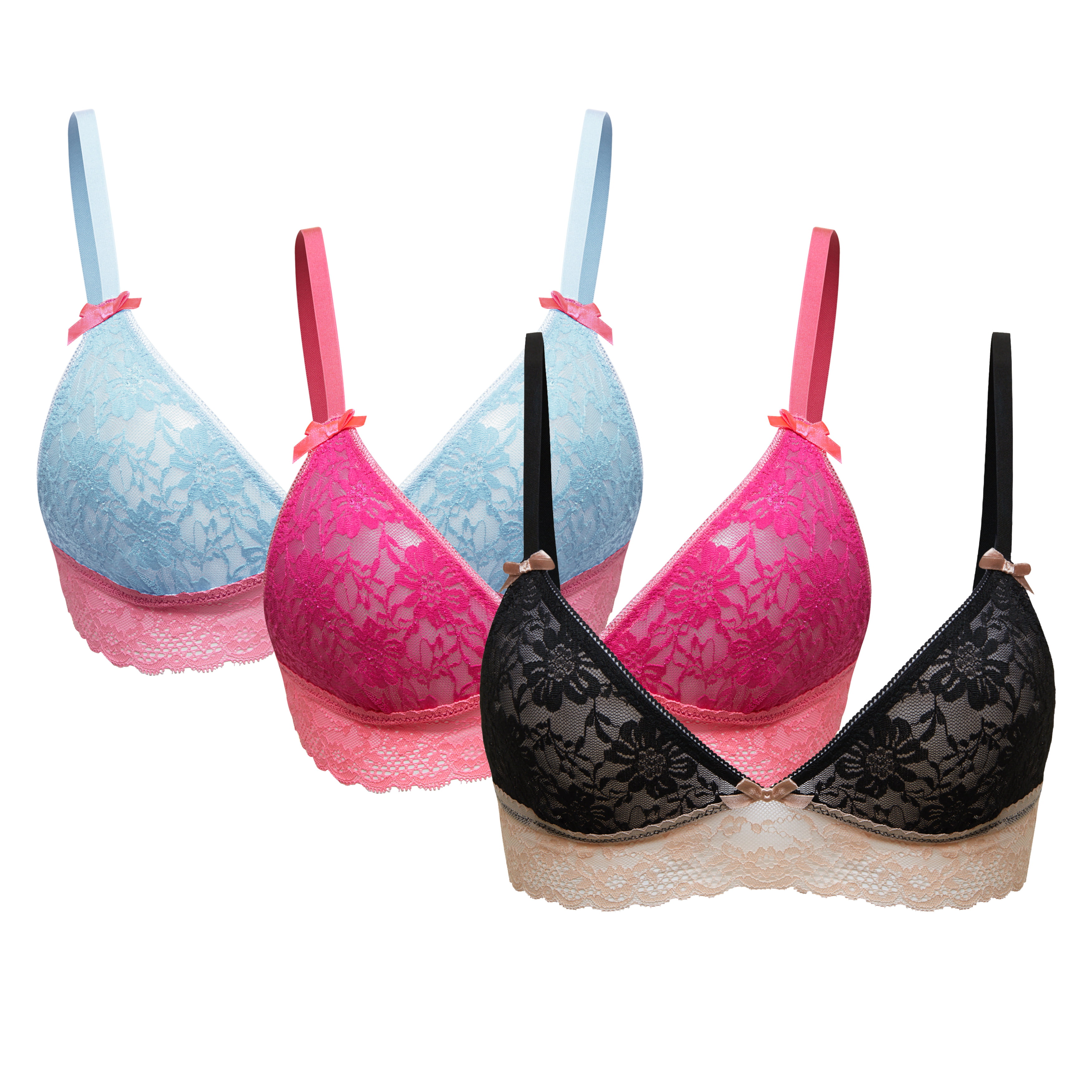 Curve Muse Women & Girls Lace Bralette With Ruffle Hem ( 4 Pack )-Cream-Hot  Pink-Blue-Black-S:32A 32B 34A