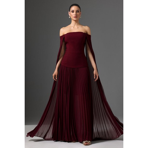 Vestido Solvia con hombros descubiertos y mangas largas, maxi fruncido