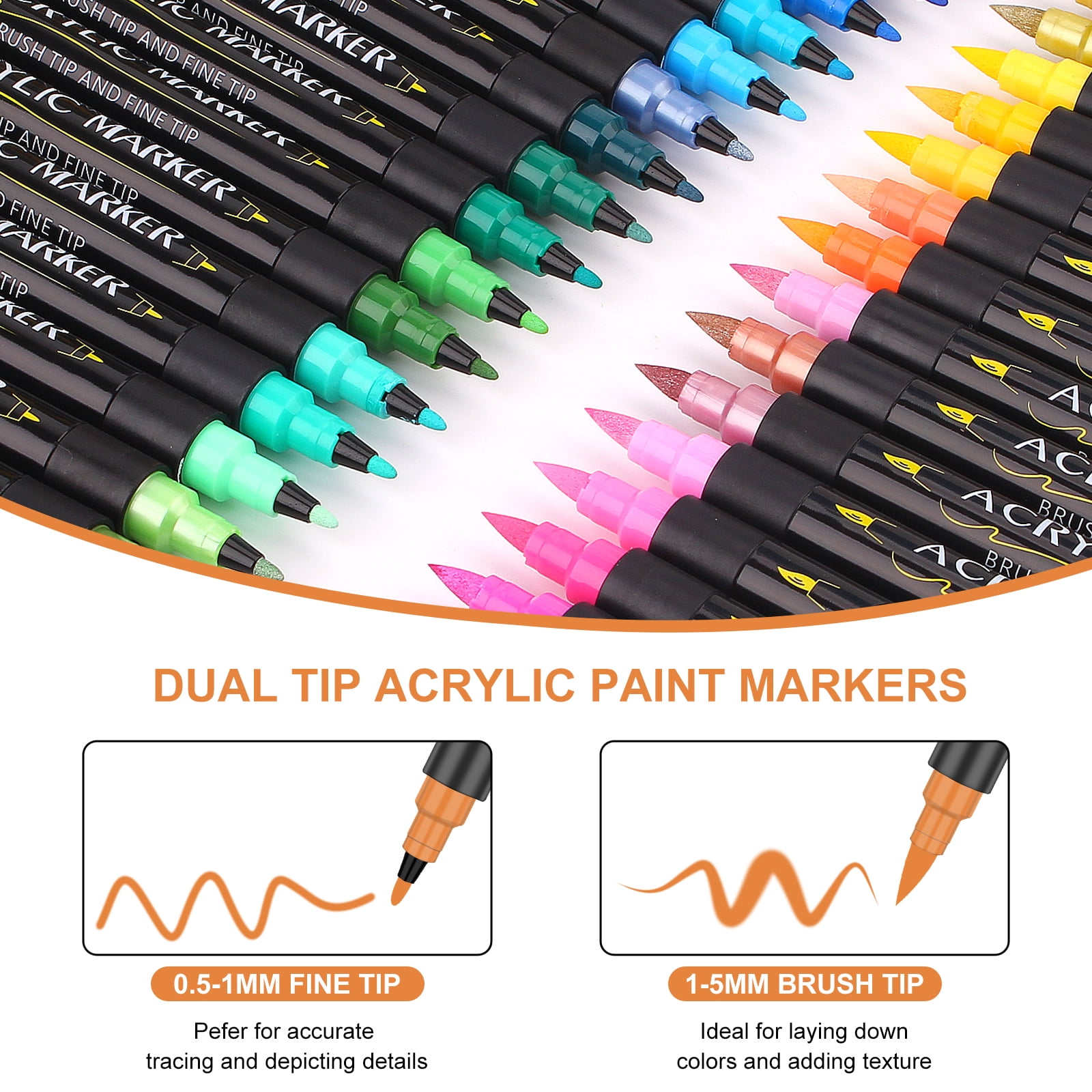 Artugn 24 Colors Acrylic Paint Pens Dual Tip Pens with Medium Tip and Brush Tip Paint Markers for Rock Painting Ceramic Wood Plastic Calligraphy Scrap
