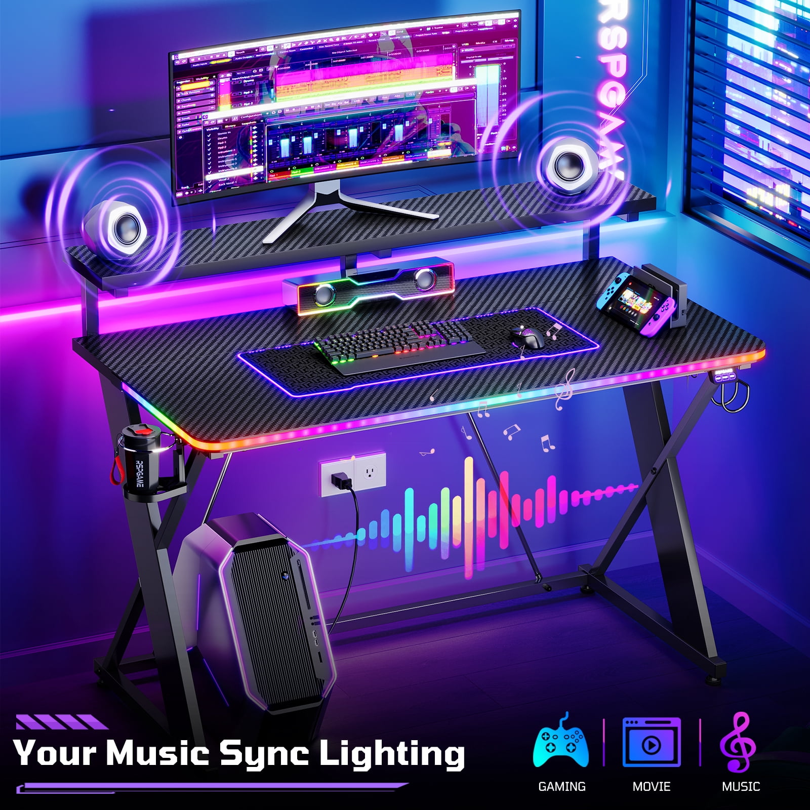 RSPGAME 43" Music Sync LED Gaming Desk,X-Shape Ergonomic Monitor Stand Gamer Table,PC Desk with Dynamic Lighting,Color Changing Office Desks,Black Racing