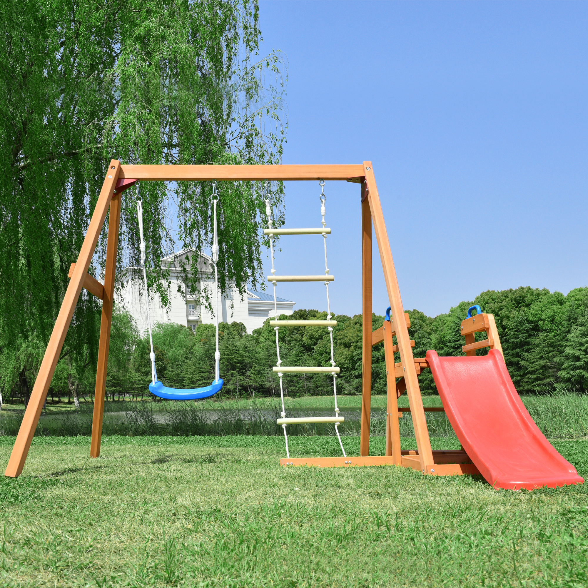 KUUFER Solid Wood Swing Set with Slide, Outdoor Climb and Swing Play  Structure for Toddlers