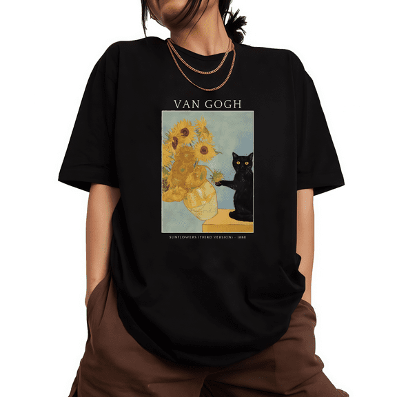 Van Gogh Sunflowers Graphic Tee T-Shirt Top Short Sleeve Round Neck Comfortable Cotton Casual Black S-5XL