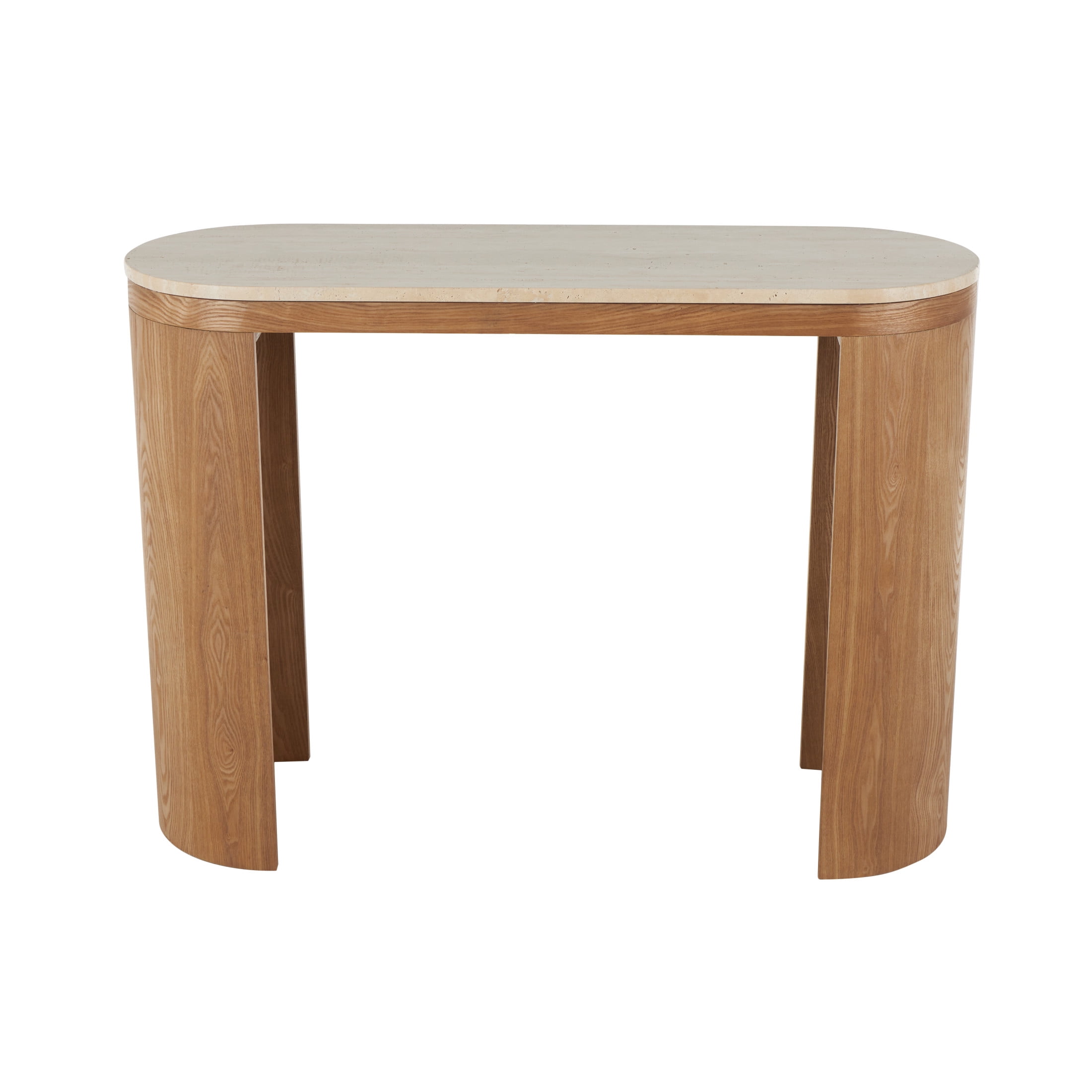 DecMode 44" x 32" Brown Wood Curved Crescent Console Table with Oval Beige Marble Tabletop, 1-Piece