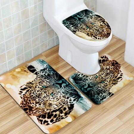 Leopard Bathroom Rug 3Pcs Bath Mat Set Pedestal Toilet Seat Mat Toilet Cover Lid Bath Mat Anti-slip Carpet Pad Rug Set Leopard Panther for Home Bathroom ()