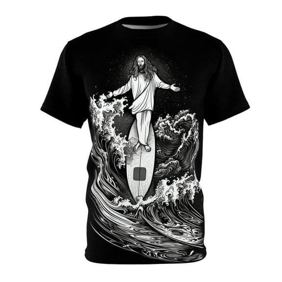 Classic Jesus Surf Black and White design Unisex AOP Cut & Sew Tee